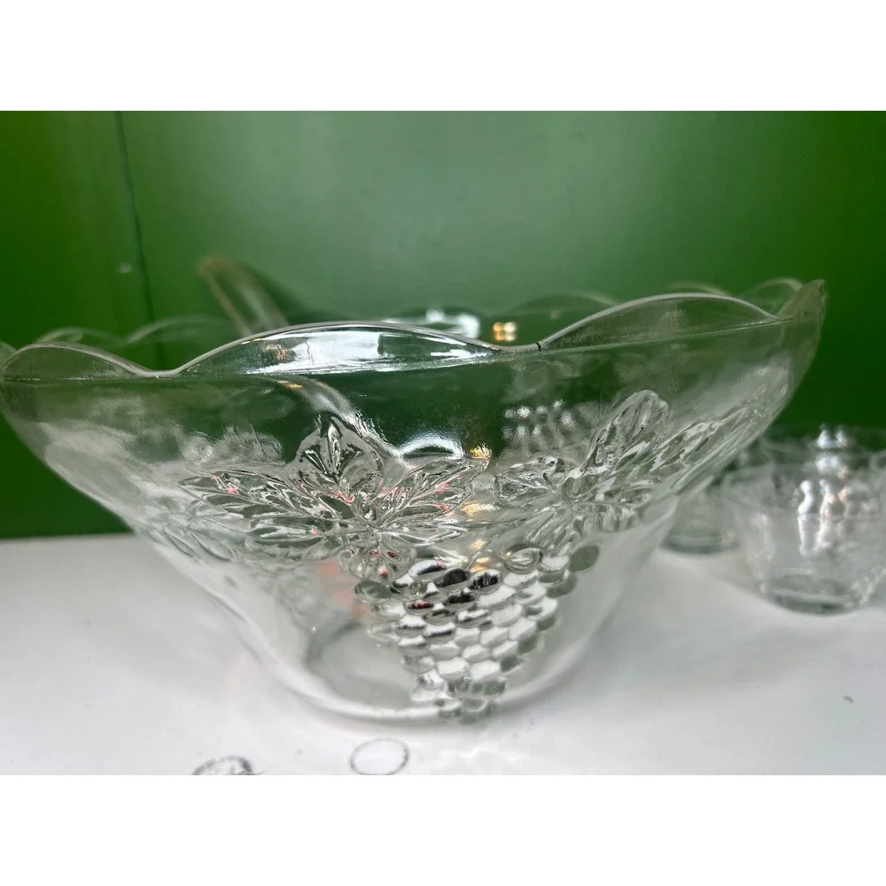 Vintage Clear Pressed Glass Grape Harvest Punch Bowl Set with 5 Cups and Ladle